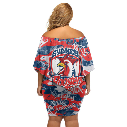 Sydney Roosters Rugby Off Shoulder Short Dress Graffiti Typography Urban Camo Abstract Street Style