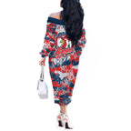 Sydney Roosters Rugby Off The Shoulder Long Sleeve Dress Graffiti Typography Urban Camo Abstract Street Style