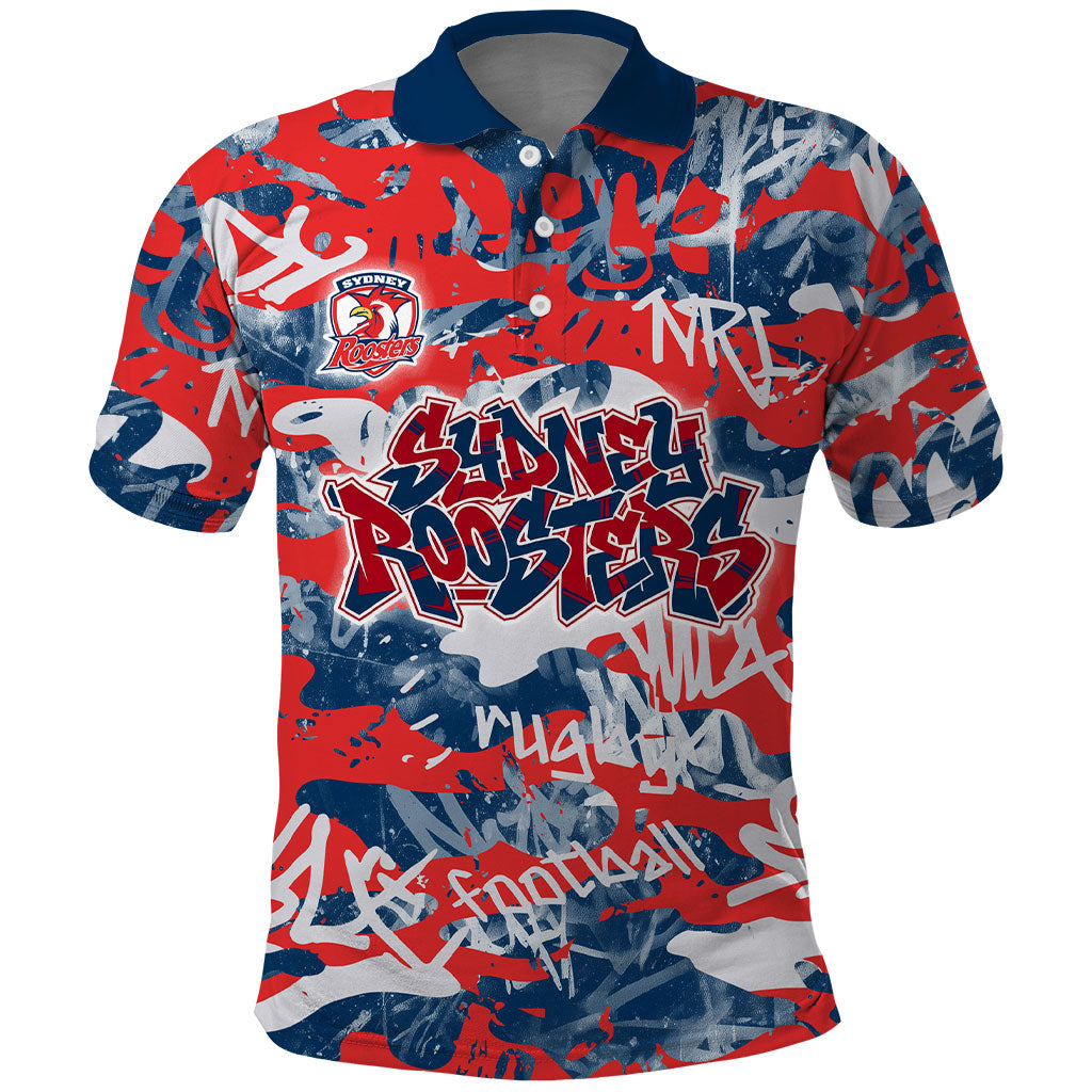 Sydney Roosters Rugby Polo Shirt Graffiti Typography Urban Camo Abstract Street Style