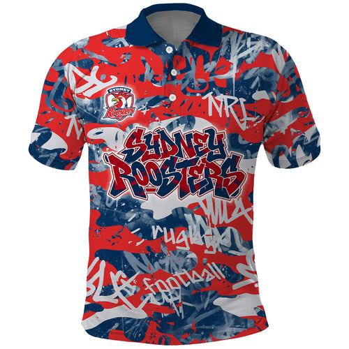 Sydney Roosters Rugby Polo Shirt Graffiti Typography Urban Camo Abstract Street Style