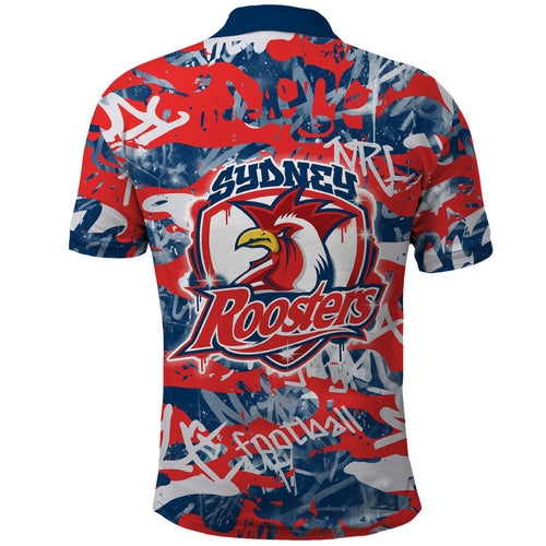 Sydney Roosters Rugby Polo Shirt Graffiti Typography Urban Camo Abstract Street Style