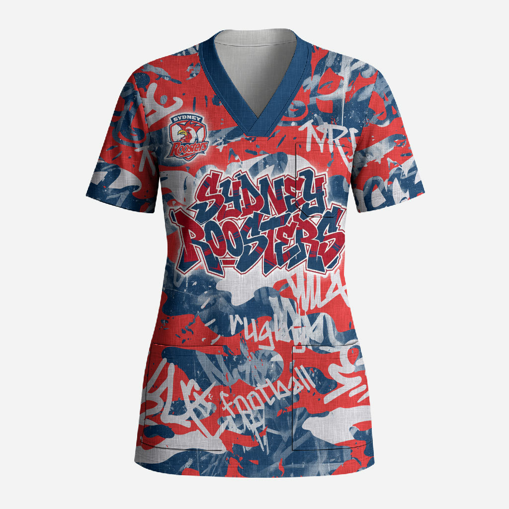 Sydney Roosters Rugby Scrub Top Graffiti Typography Urban Camo Abstract Street Style