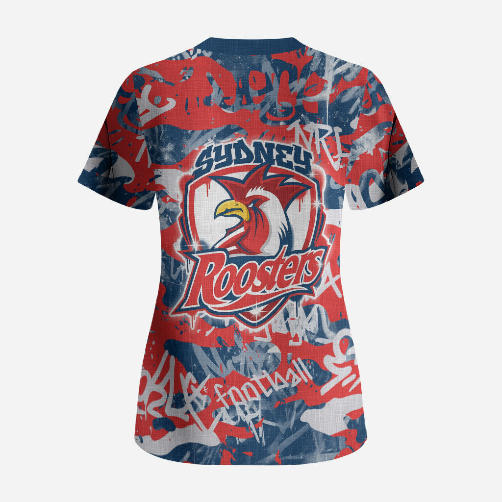 Sydney Roosters Rugby Scrub Top Graffiti Typography Urban Camo Abstract Street Style
