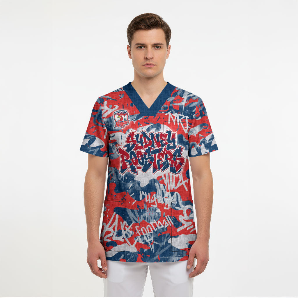 Sydney Roosters Rugby Scrub Top Graffiti Typography Urban Camo Abstract Street Style
