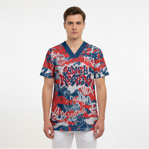 Sydney Roosters Rugby Scrub Top Graffiti Typography Urban Camo Abstract Street Style