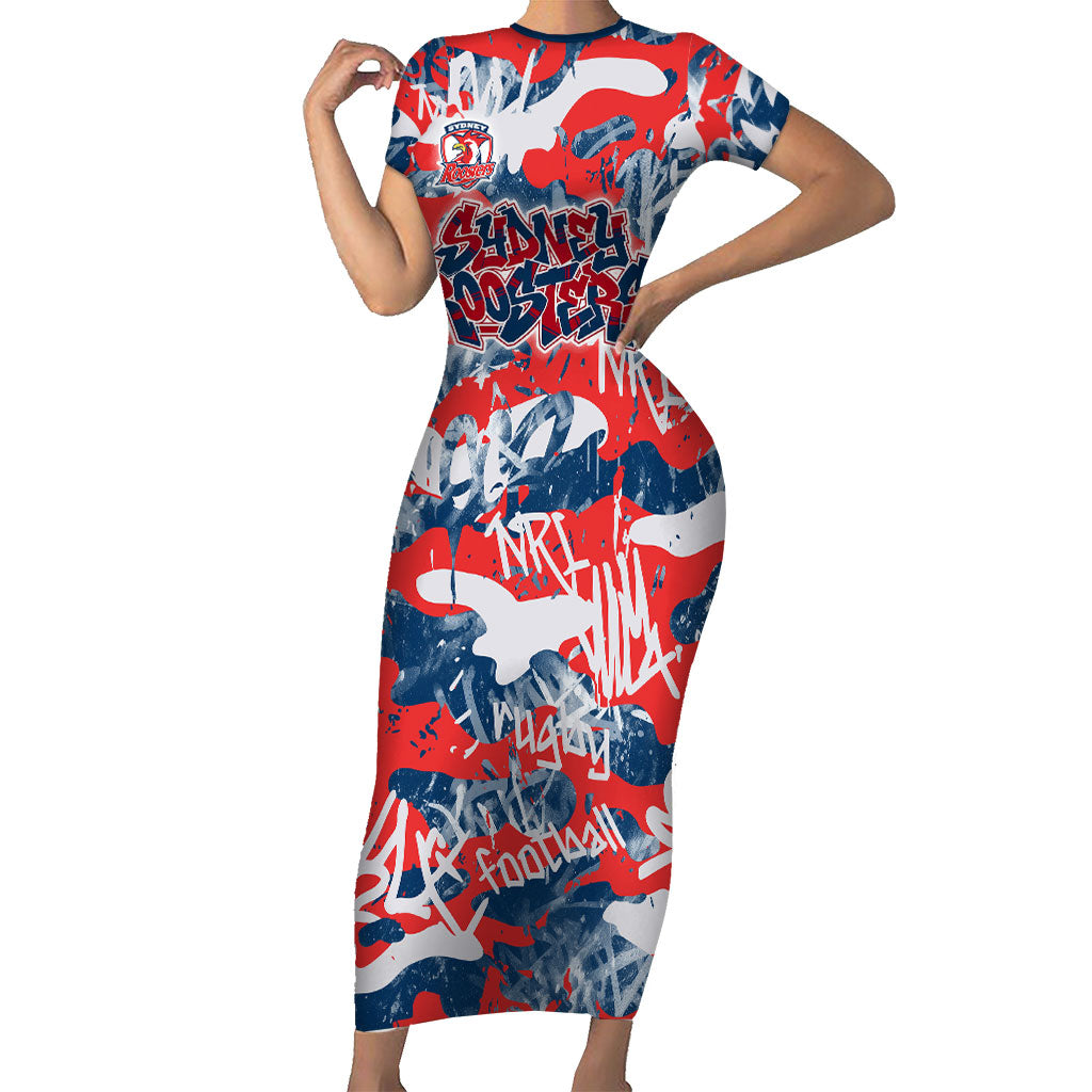 Sydney Roosters Rugby Short Sleeve Bodycon Dress Graffiti Typography Urban Camo Abstract Street Style