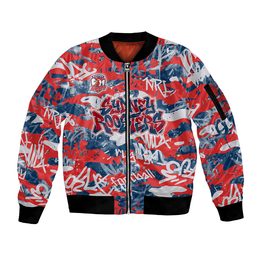 Sydney Roosters Rugby Sleeve Zip Bomber Jacket Graffiti Typography Urban Camo Abstract Street Style