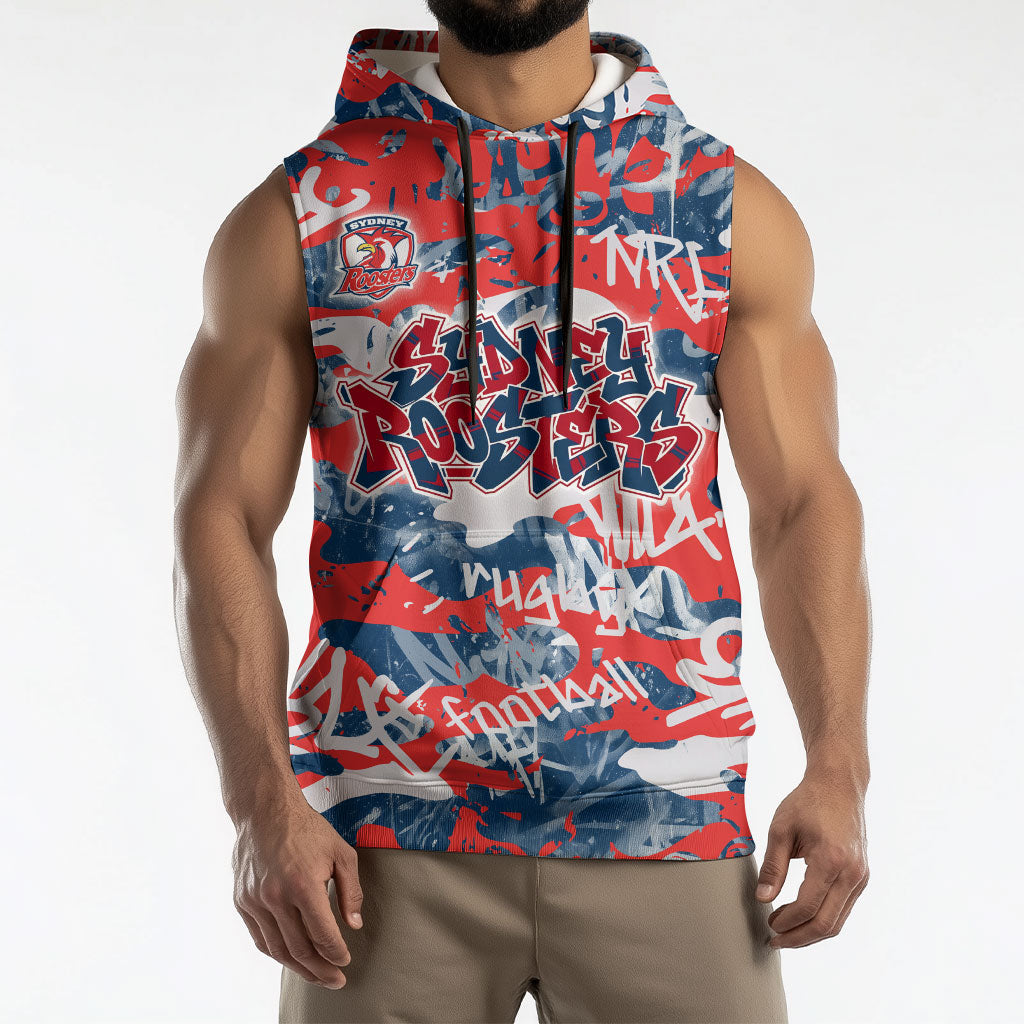 Sydney Roosters Rugby Sleeveless Hoodie Graffiti Typography Urban Camo Abstract Street Style