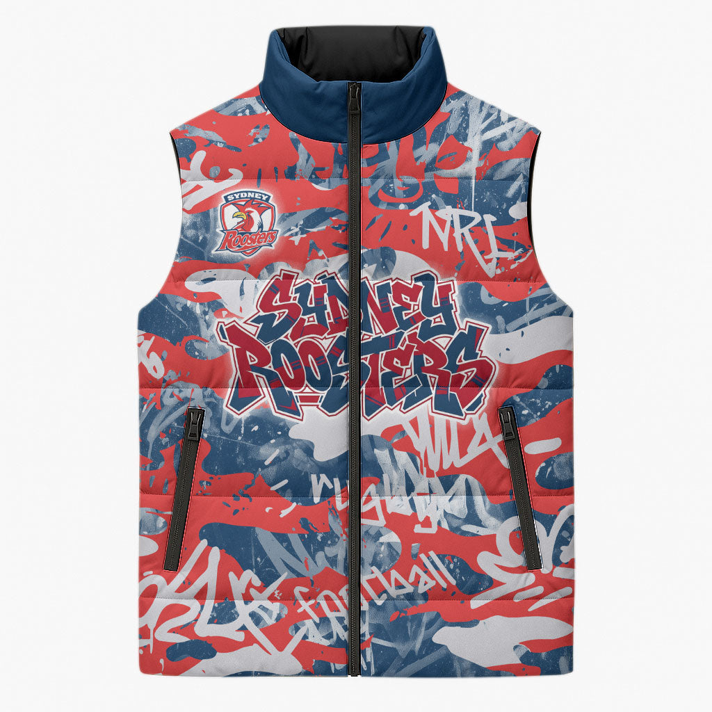 Sydney Roosters Rugby Sleeveless Puffer Jacket Graffiti Typography Urban Camo Abstract Street Style