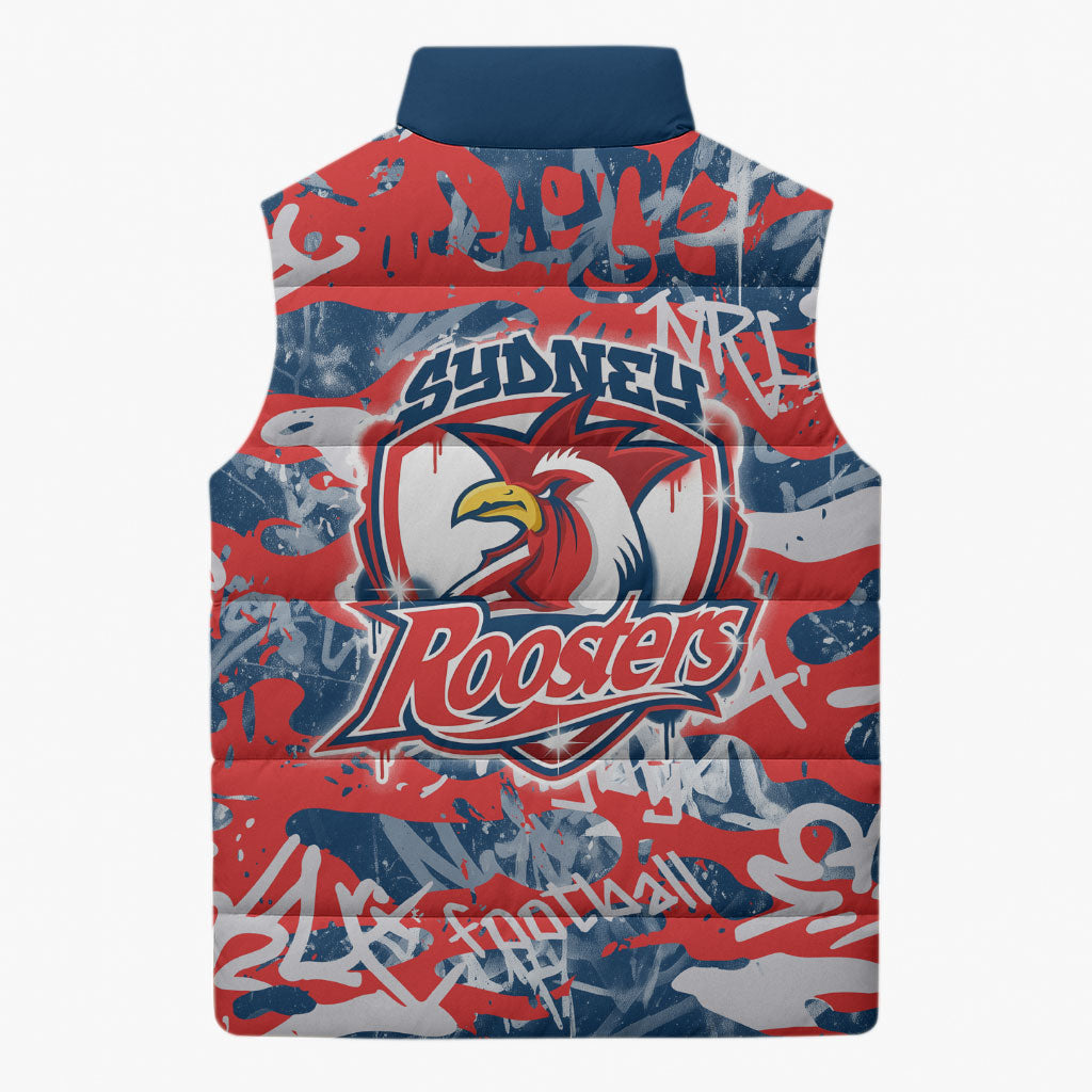 Sydney Roosters Rugby Sleeveless Puffer Jacket Graffiti Typography Urban Camo Abstract Street Style