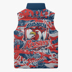 Sydney Roosters Rugby Sleeveless Puffer Jacket Graffiti Typography Urban Camo Abstract Street Style