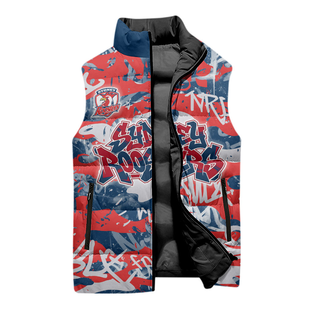 Sydney Roosters Rugby Sleeveless Puffer Jacket Graffiti Typography Urban Camo Abstract Street Style