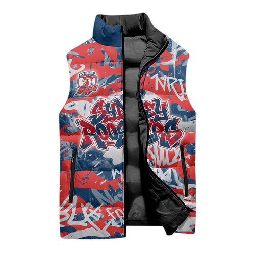 Sydney Roosters Rugby Sleeveless Puffer Jacket Graffiti Typography Urban Camo Abstract Street Style