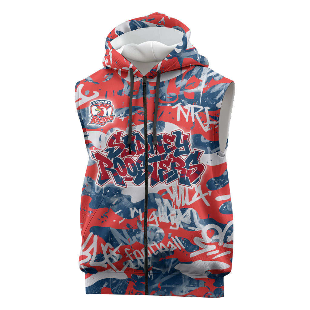 Sydney Roosters Rugby Sleeveless Zip Hoodie Graffiti Typography Urban Camo Abstract Street Style
