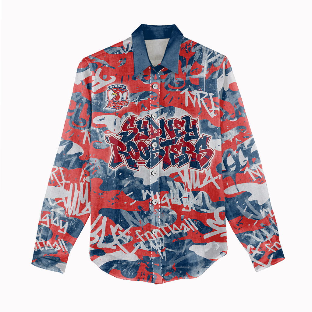 Sydney Roosters Rugby Women Casual Shirt Graffiti Typography Urban Camo Abstract Street Style