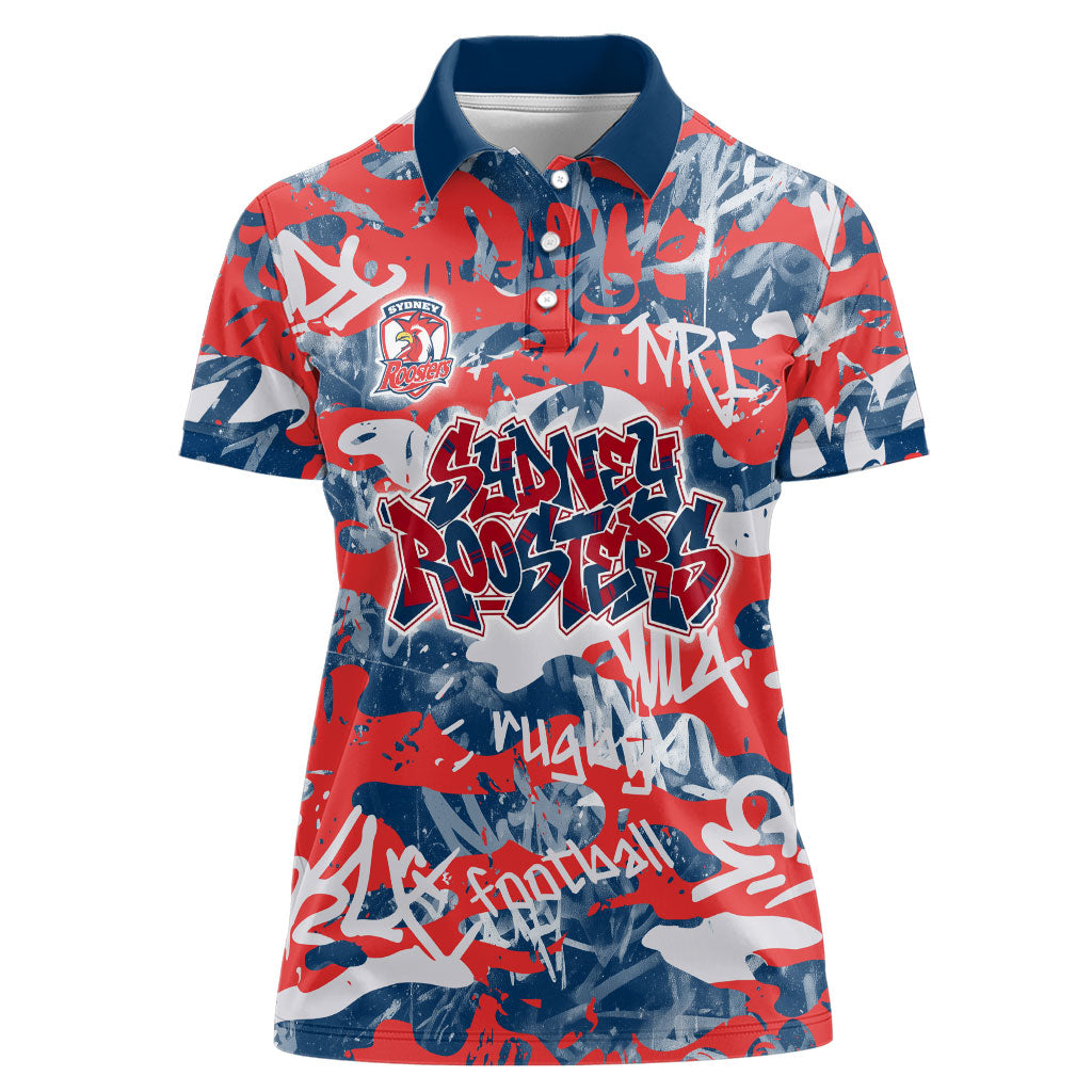 Sydney Roosters Rugby Women Polo Shirt Graffiti Typography Urban Camo Abstract Street Style