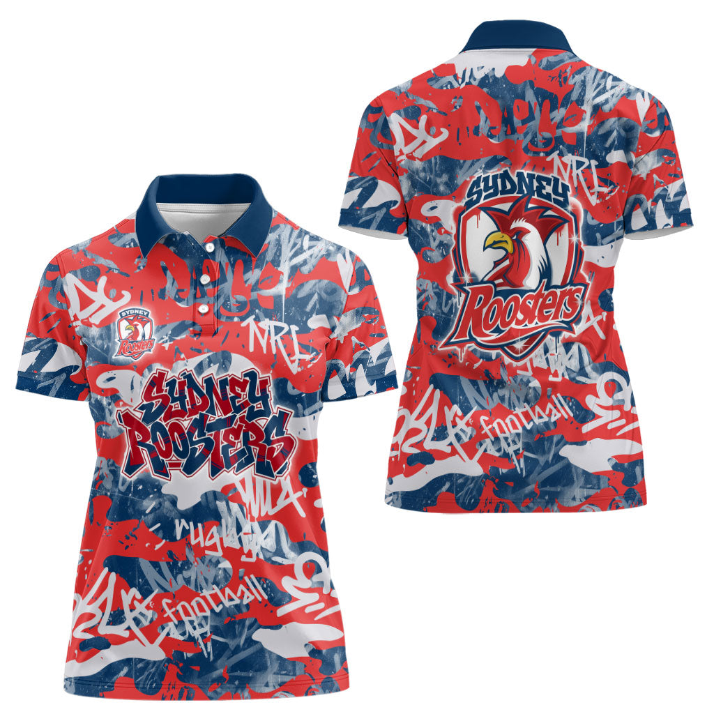 Sydney Roosters Rugby Women Polo Shirt Graffiti Typography Urban Camo Abstract Street Style