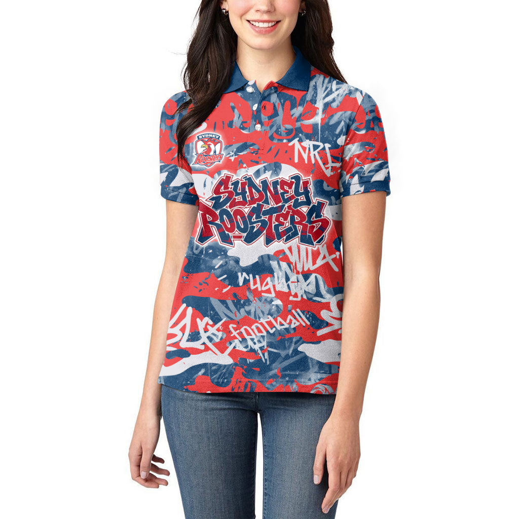 Sydney Roosters Rugby Women Polo Shirt Graffiti Typography Urban Camo Abstract Street Style