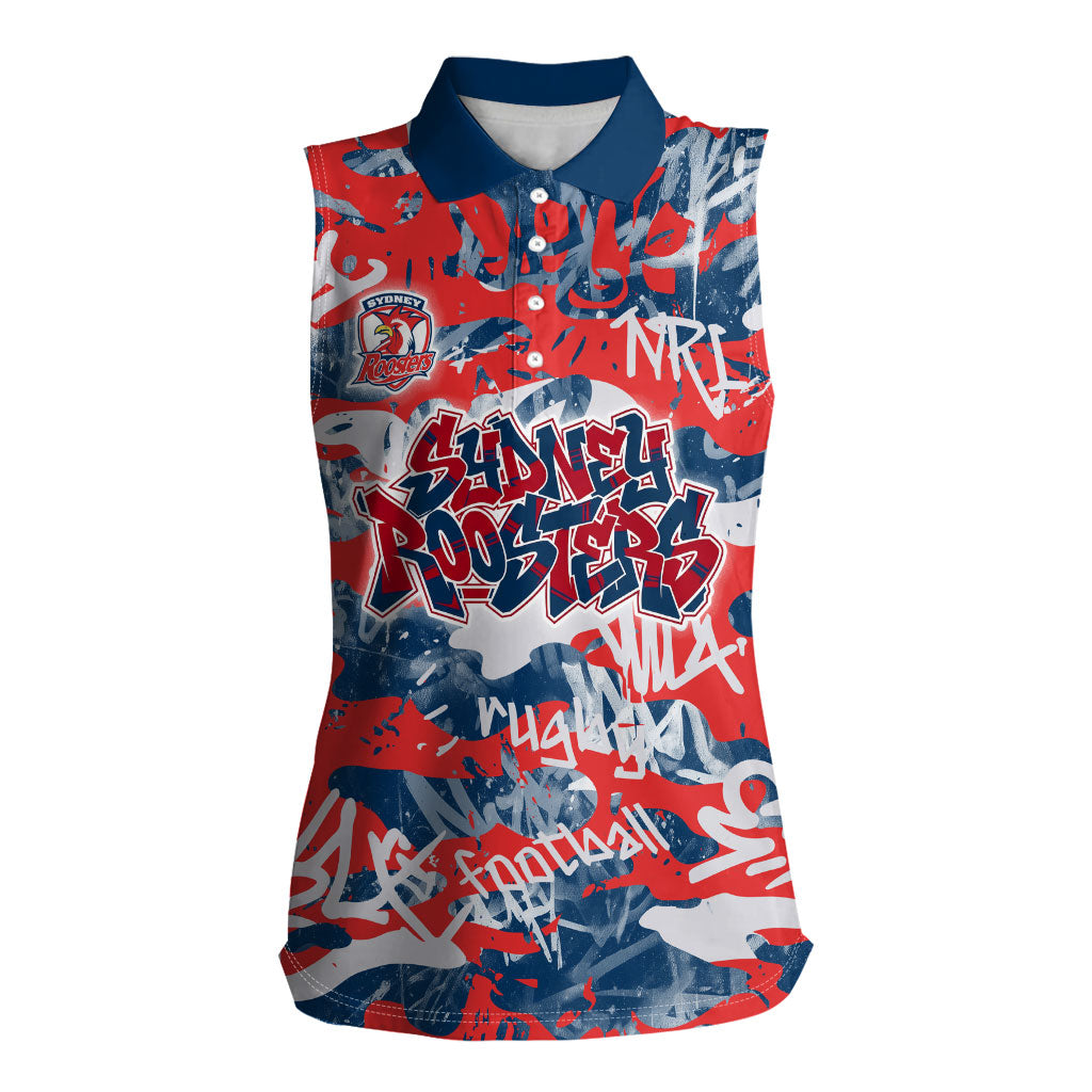 Sydney Roosters Rugby Women Sleeveless Polo Shirt Graffiti Typography Urban Camo Abstract Street Style