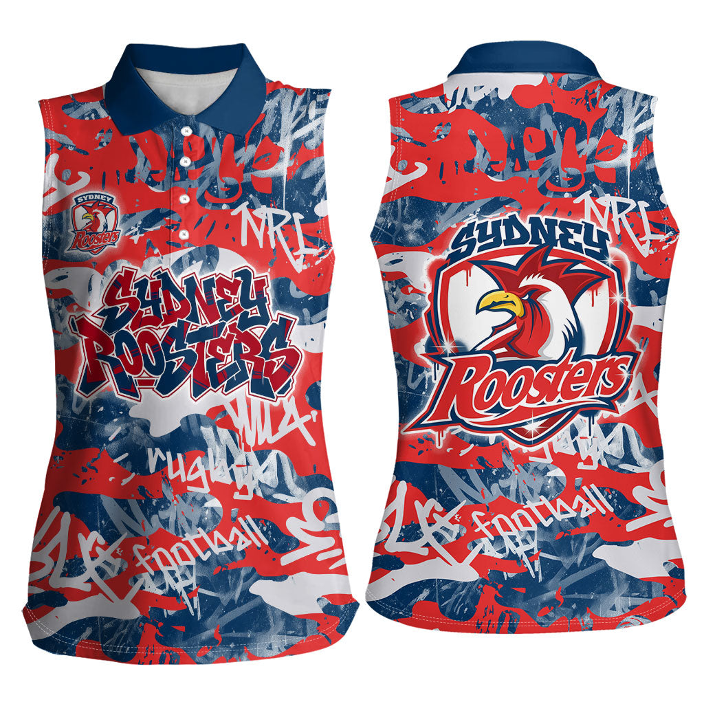 Sydney Roosters Rugby Women Sleeveless Polo Shirt Graffiti Typography Urban Camo Abstract Street Style
