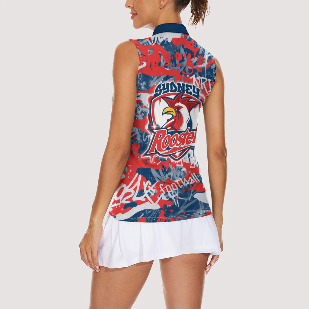 Sydney Roosters Rugby Women Sleeveless Polo Shirt Graffiti Typography Urban Camo Abstract Street Style