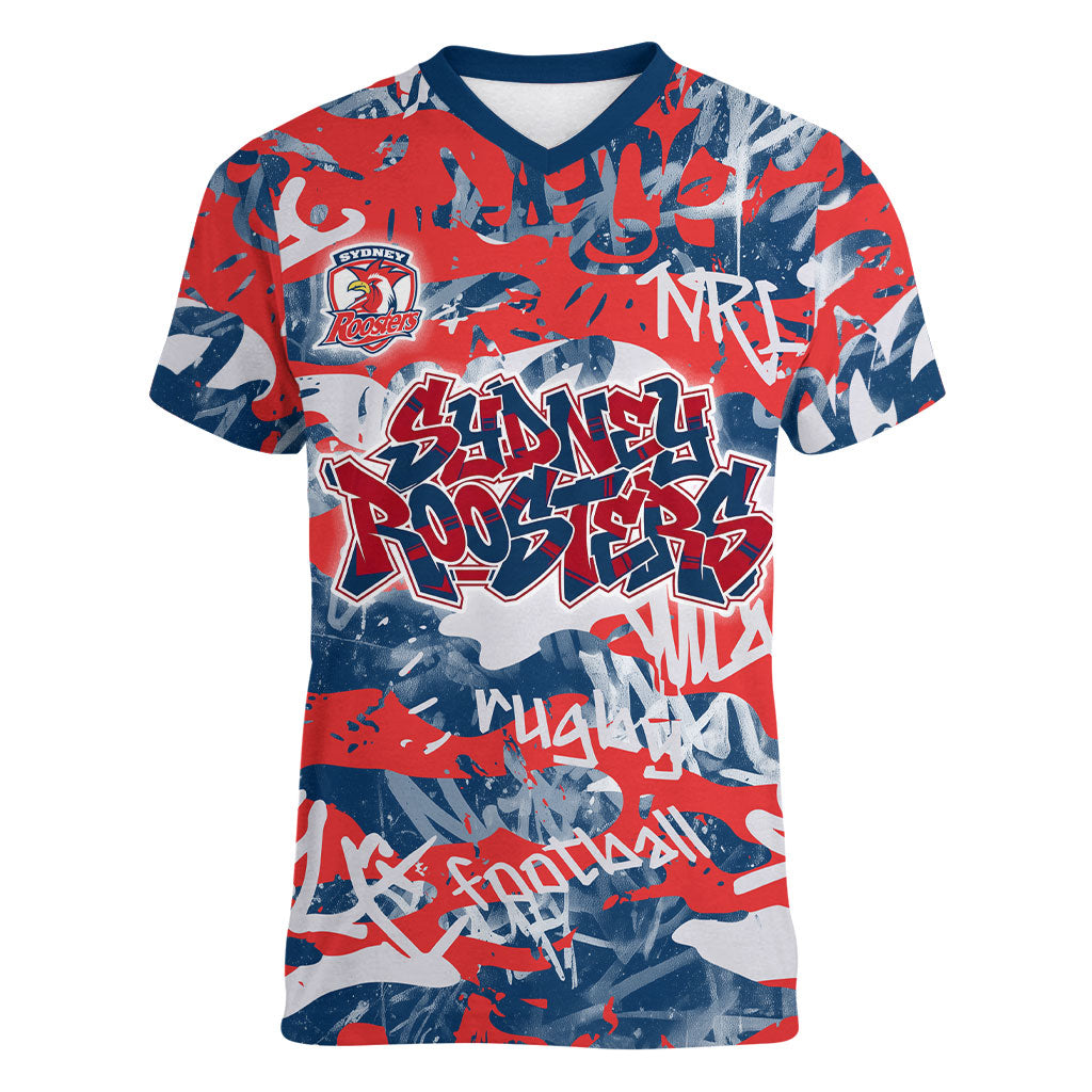 Sydney Roosters Rugby Women V-Neck T-Shirt Graffiti Typography Urban Camo Abstract Street Style