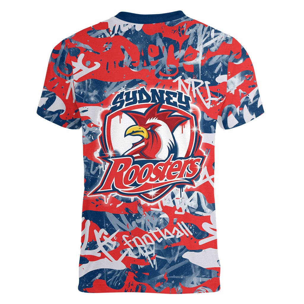 Sydney Roosters Rugby Women V-Neck T-Shirt Graffiti Typography Urban Camo Abstract Street Style