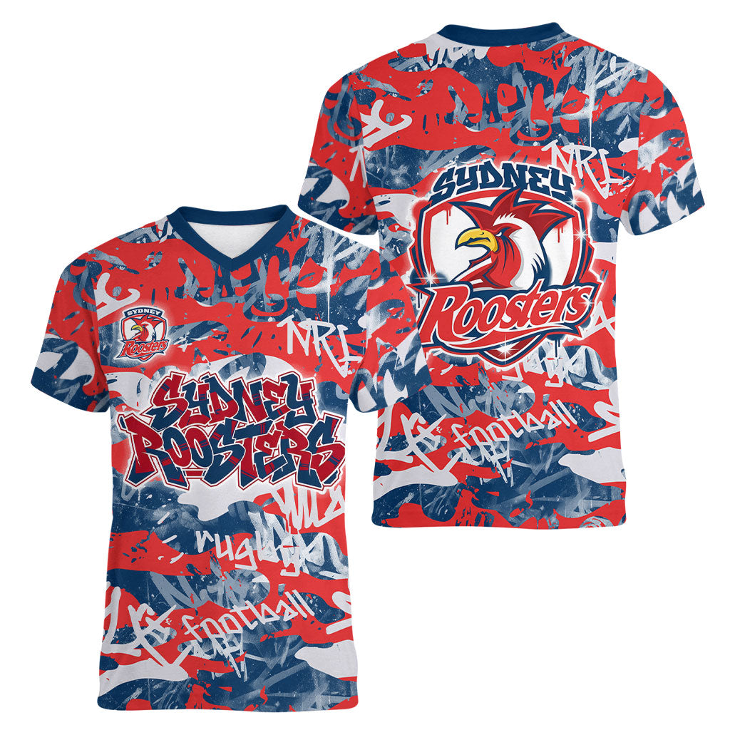 Sydney Roosters Rugby Women V-Neck T-Shirt Graffiti Typography Urban Camo Abstract Street Style