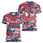 Sydney Roosters Rugby Women V-Neck T-Shirt Graffiti Typography Urban Camo Abstract Street Style