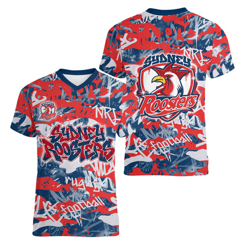 Sydney Roosters Rugby Women V-Neck T-Shirt Graffiti Typography Urban Camo Abstract Street Style