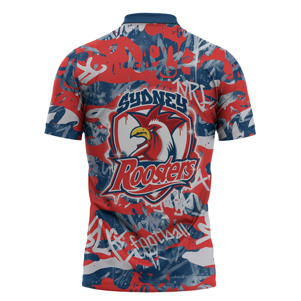 Sydney Roosters Rugby Zipper Polo Shirt Graffiti Typography Urban Camo Abstract Street Style