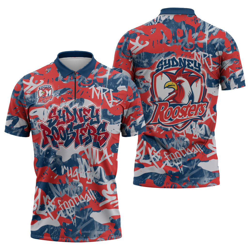 Sydney Roosters Rugby Zipper Polo Shirt Graffiti Typography Urban Camo Abstract Street Style