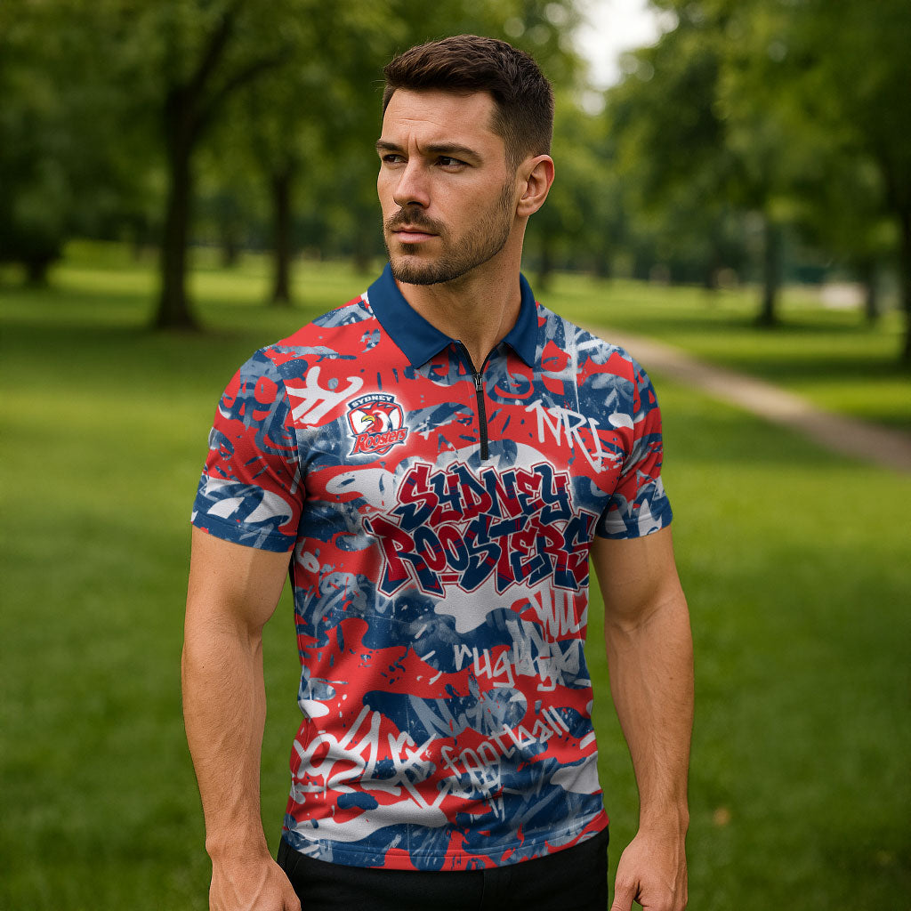 Sydney Roosters Rugby Zipper Polo Shirt Graffiti Typography Urban Camo Abstract Street Style