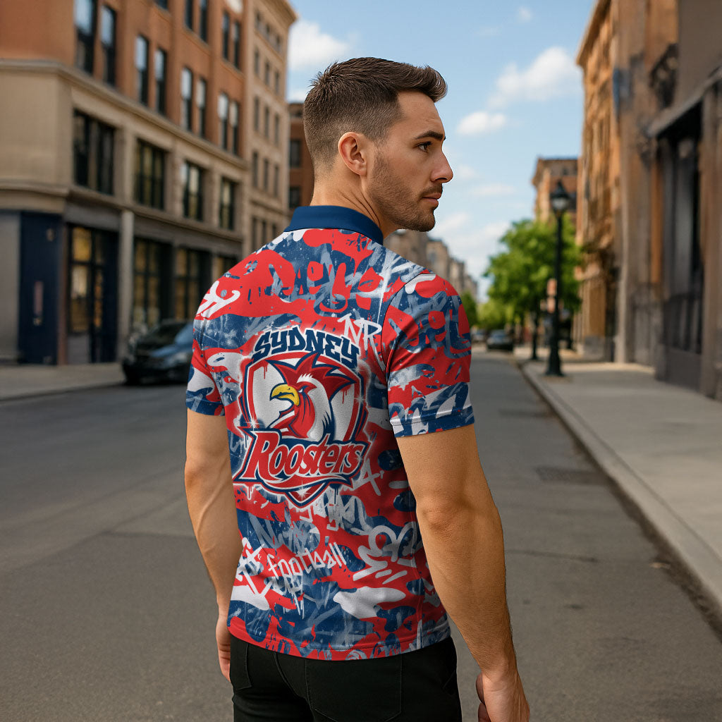 Sydney Roosters Rugby Zipper Polo Shirt Graffiti Typography Urban Camo Abstract Street Style