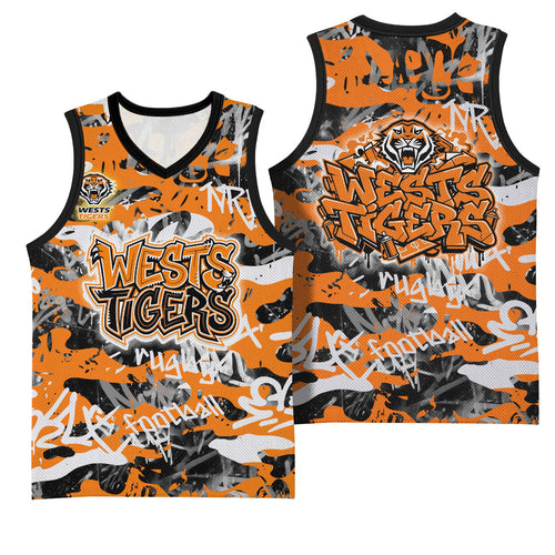 Wests Tigers Rugby Basketball Jersey Graffiti Typography Urban Camo Abstract Street Style