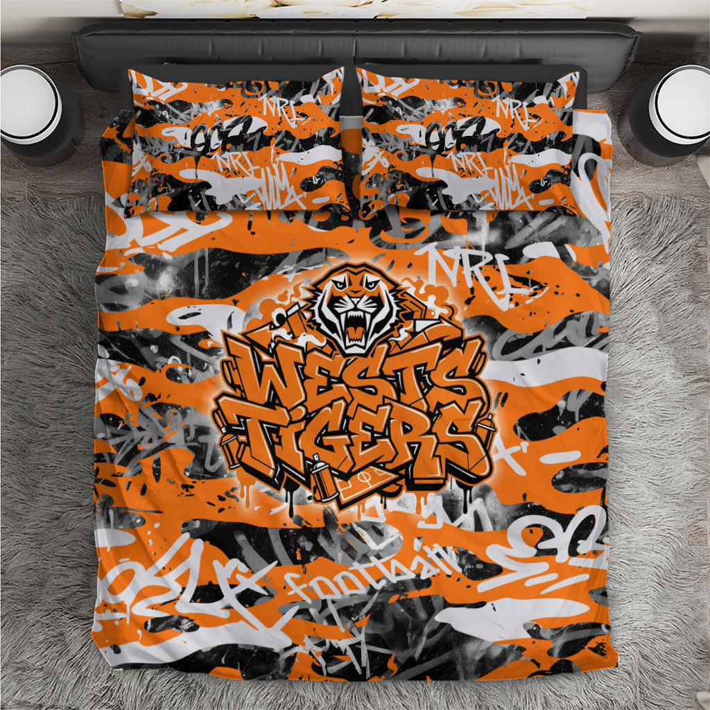 Wests Tigers Rugby Bedding Set Graffiti Typography Urban Camo Abstract Street Style