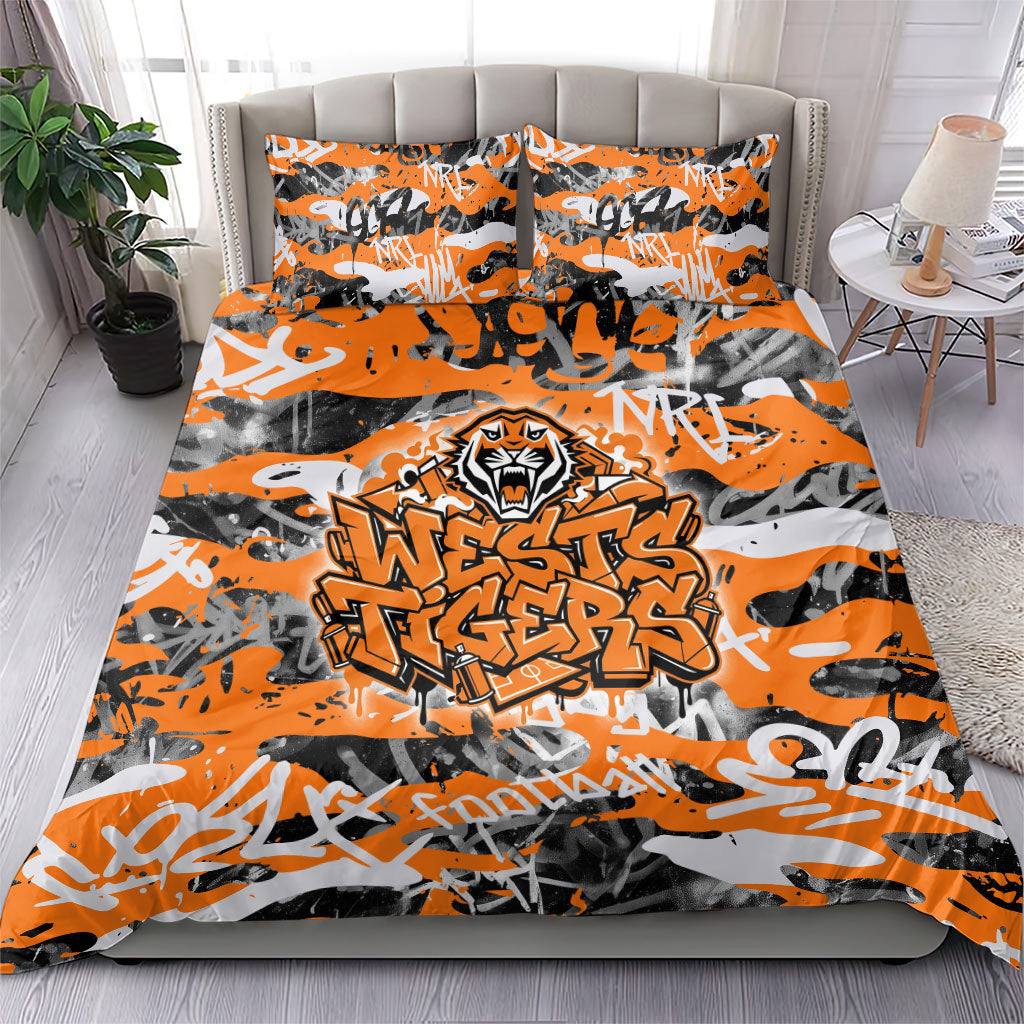 Wests Tigers Rugby Bedding Set Graffiti Typography Urban Camo Abstract Street Style