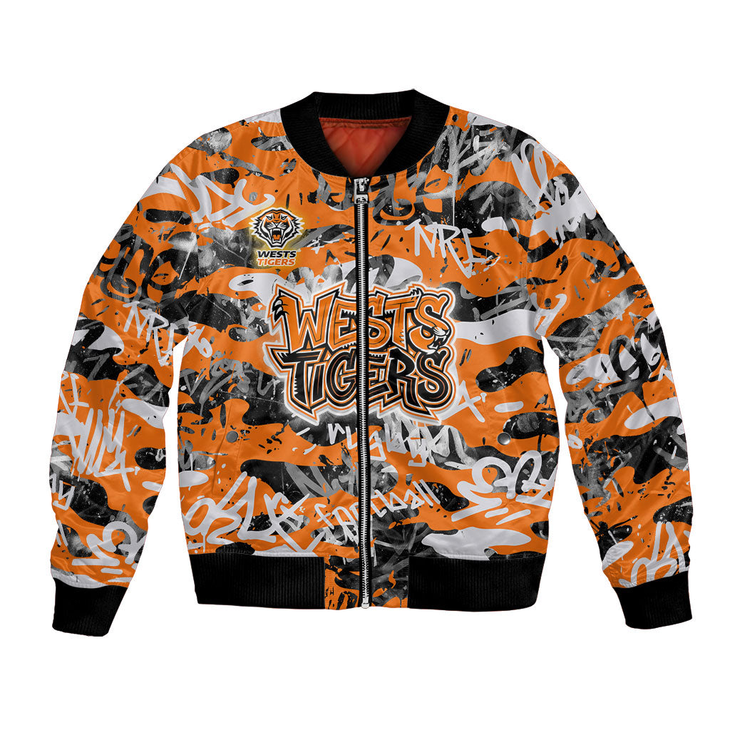 Wests Tigers Rugby Bomber Jacket Graffiti Typography Urban Camo Abstract Street Style