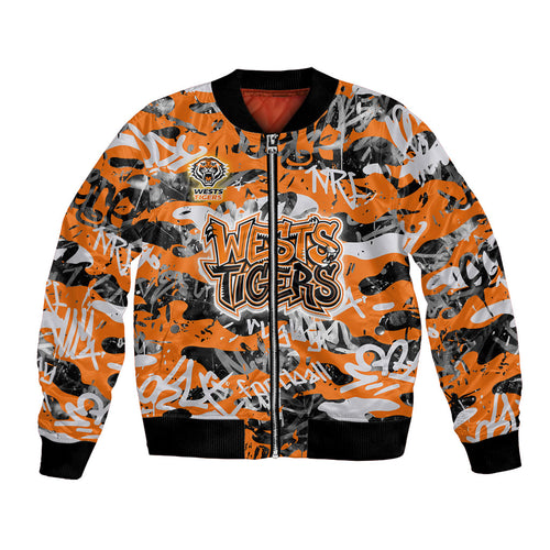 Wests Tigers Rugby Bomber Jacket Graffiti Typography Urban Camo Abstract Street Style