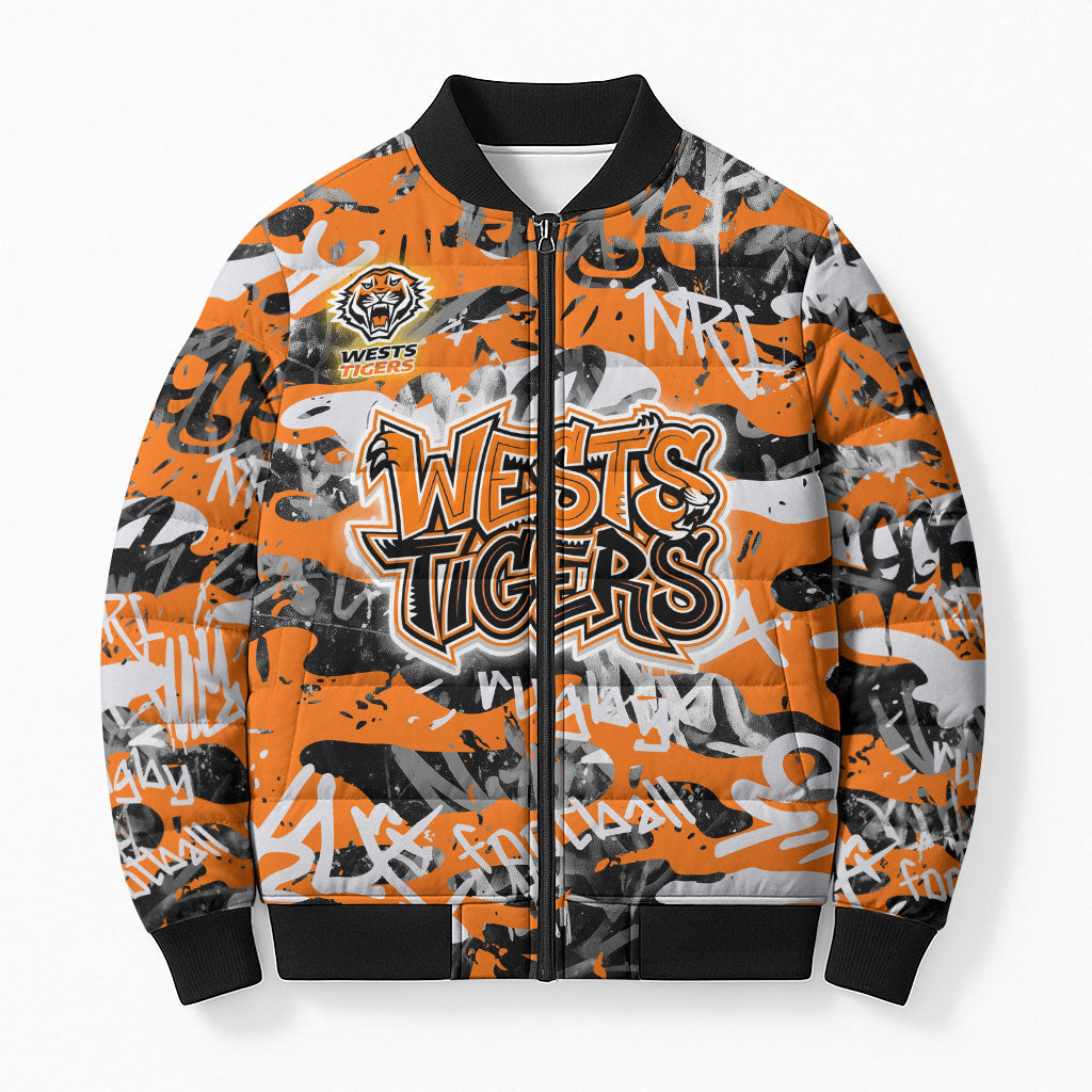 Wests Tigers Rugby Bomber Puffer Jacket Graffiti Typography Urban Camo Abstract Street Style