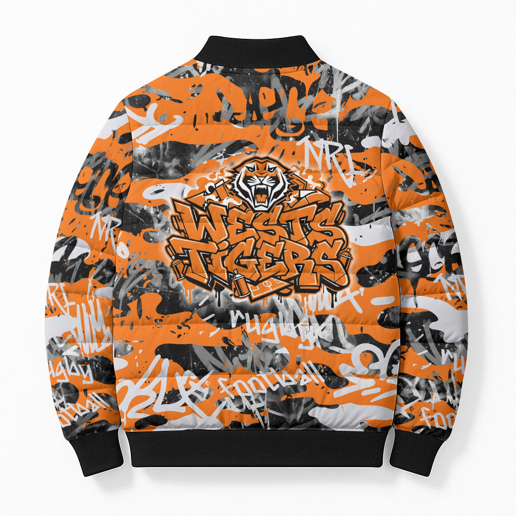 Wests Tigers Rugby Bomber Puffer Jacket Graffiti Typography Urban Camo Abstract Street Style