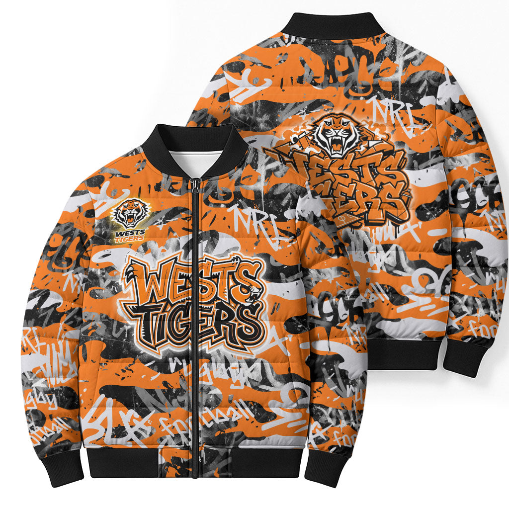 Wests Tigers Rugby Bomber Puffer Jacket Graffiti Typography Urban Camo Abstract Street Style