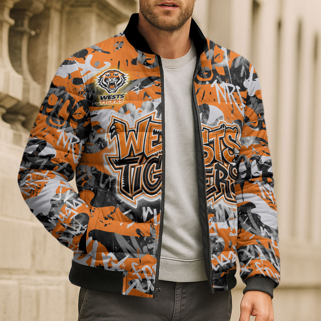 Wests Tigers Rugby Bomber Puffer Jacket Graffiti Typography Urban Camo Abstract Street Style