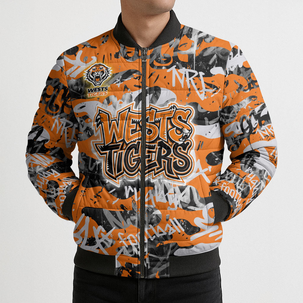 Wests Tigers Rugby Bomber Puffer Jacket Graffiti Typography Urban Camo Abstract Street Style