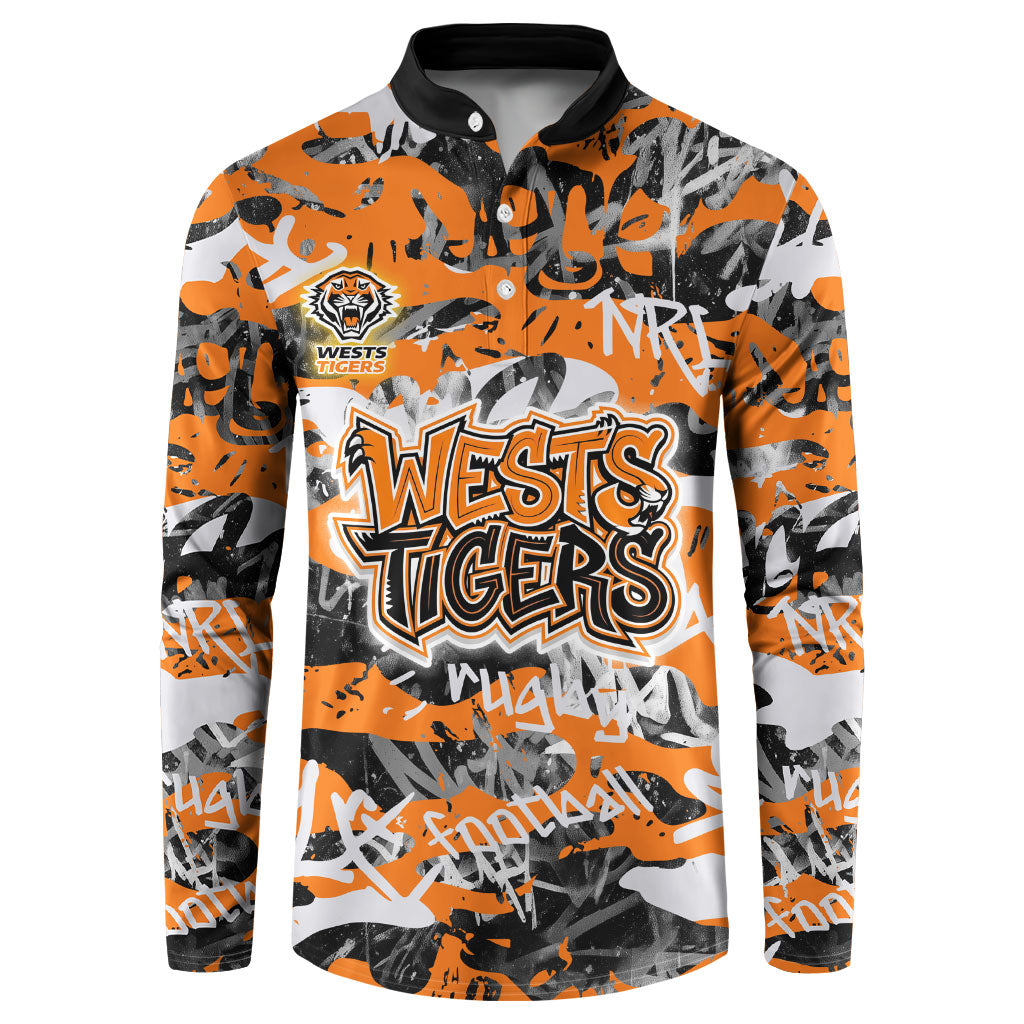 Wests Tigers Rugby Button Sweatshirt Graffiti Typography Urban Camo Abstract Street Style