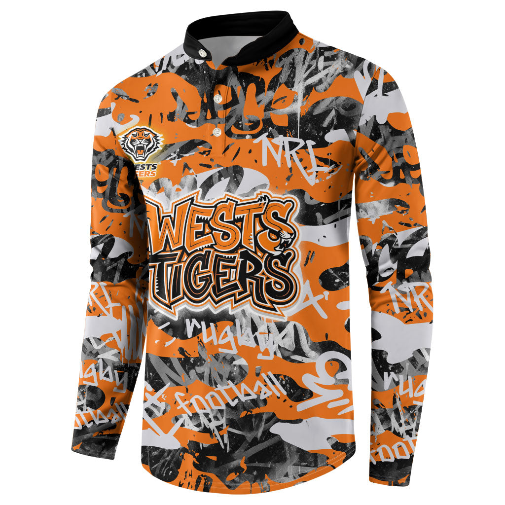 Wests Tigers Rugby Button Sweatshirt Graffiti Typography Urban Camo Abstract Street Style