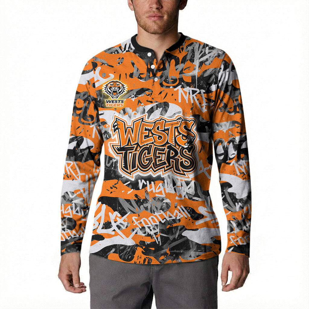 Wests Tigers Rugby Button Sweatshirt Graffiti Typography Urban Camo Abstract Street Style