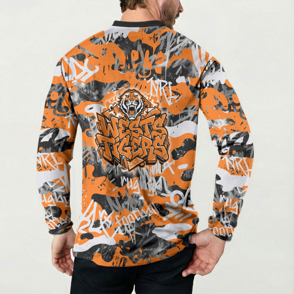 Wests Tigers Rugby Button Sweatshirt Graffiti Typography Urban Camo Abstract Street Style