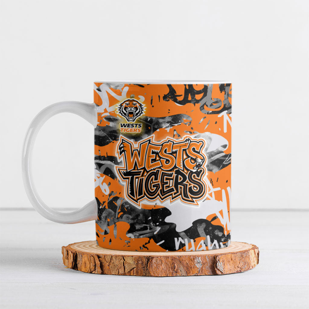 Wests Tigers Rugby Ceramic Mug Graffiti Typography Urban Camo Abstract Street Style