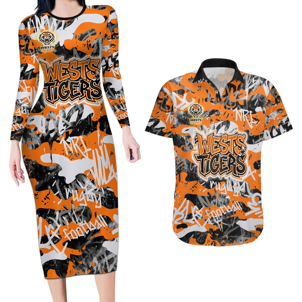 Wests Tigers Rugby Couples Matching Long Sleeve Bodycon Dress and Hawaiian Shirt Graffiti Typography Urban Camo Abstract Street Style